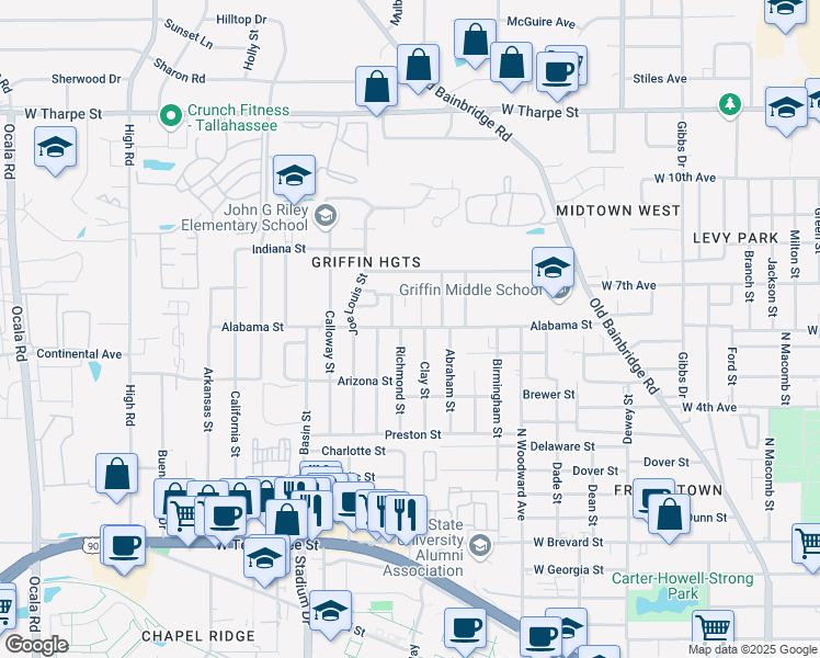 map of restaurants, bars, coffee shops, grocery stores, and more near 1223 Alabama Street in Tallahassee