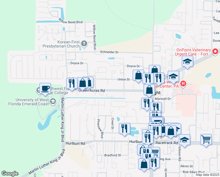 map of restaurants, bars, coffee shops, grocery stores, and more near 320 Green Acres Road in Fort Walton Beach