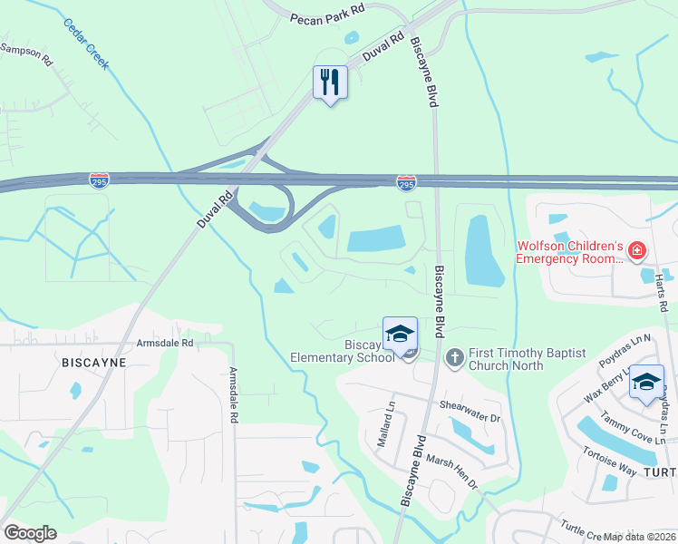 map of restaurants, bars, coffee shops, grocery stores, and more near Sunshine Bay Court in Jacksonville