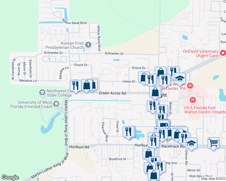 map of restaurants, bars, coffee shops, grocery stores, and more near 322 Green Acres Road in Fort Walton Beach