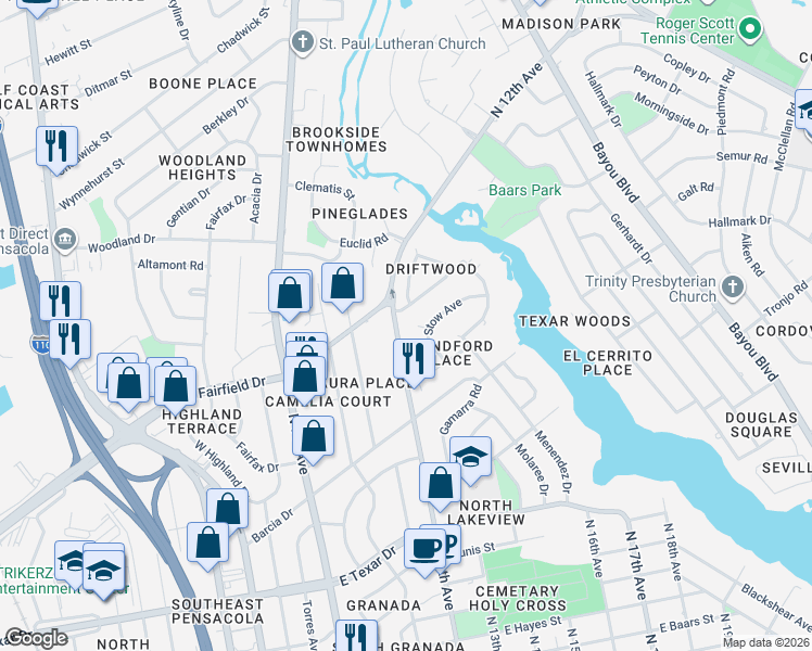 map of restaurants, bars, coffee shops, grocery stores, and more near 3820 North 12th Avenue in Pensacola