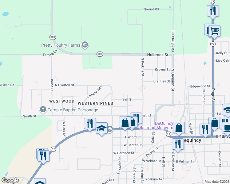 map of restaurants, bars, coffee shops, grocery stores, and more near 600 North Overton Street in DeQuincy