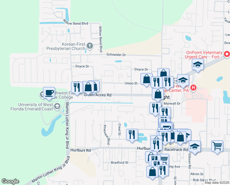 map of restaurants, bars, coffee shops, grocery stores, and more near 322 Green Acres Road in Fort Walton Beach