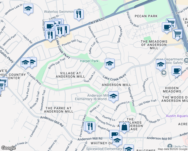 map of restaurants, bars, coffee shops, grocery stores, and more near 12109 Grey Rock Lane in Austin