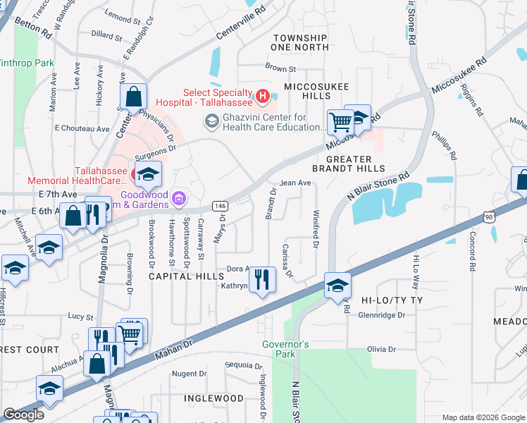 map of restaurants, bars, coffee shops, grocery stores, and more near 1207 Buckingham Drive in Tallahassee