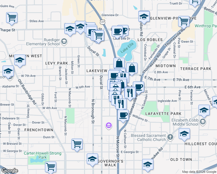 map of restaurants, bars, coffee shops, grocery stores, and more near 1230 North Adams Street in Tallahassee