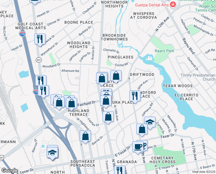 map of restaurants, bars, coffee shops, grocery stores, and more near 6 Ruffin Circle in Pensacola