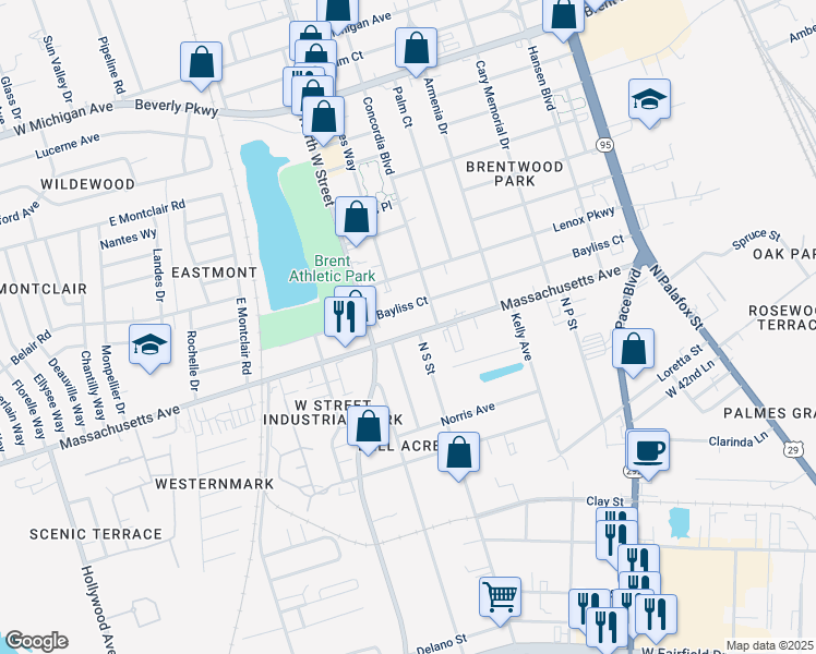 map of restaurants, bars, coffee shops, grocery stores, and more near 424 Massachusetts Avenue in Pensacola