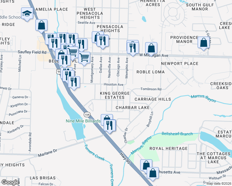 map of restaurants, bars, coffee shops, grocery stores, and more near 5432 Wales Avenue in Pensacola