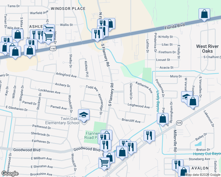 map of restaurants, bars, coffee shops, grocery stores, and more near 544 South Flannery Road in Baton Rouge