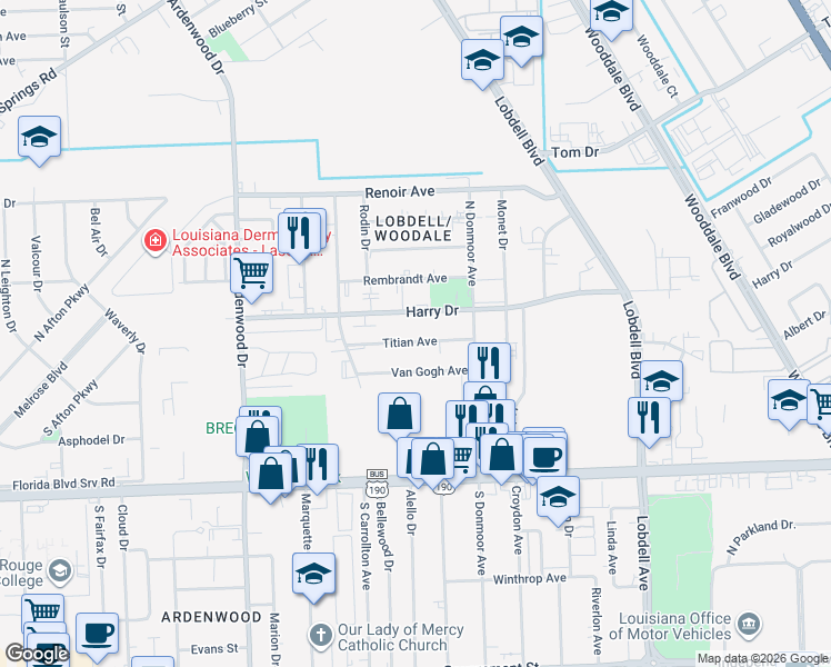map of restaurants, bars, coffee shops, grocery stores, and more near 6870 Titian Avenue in Baton Rouge