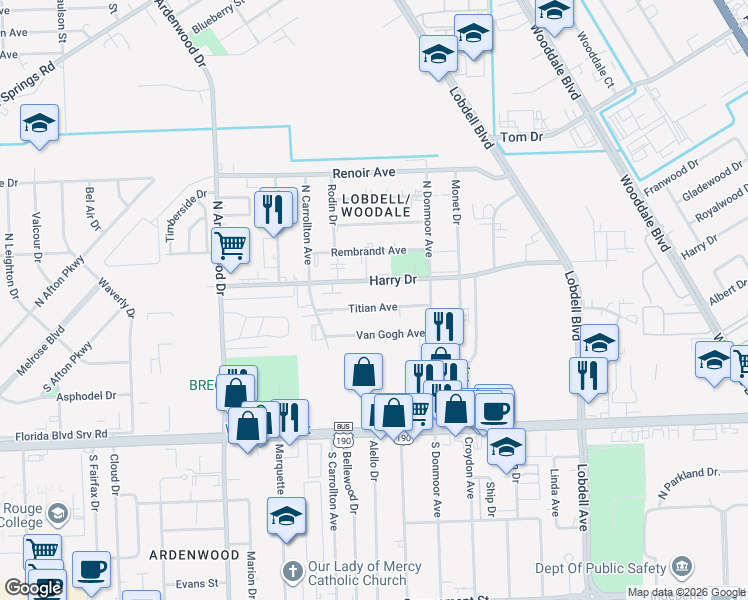 map of restaurants, bars, coffee shops, grocery stores, and more near 6870 Titian Avenue in Baton Rouge