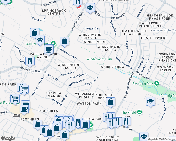 map of restaurants, bars, coffee shops, grocery stores, and more near 16502 Framingham Circle in Pflugerville