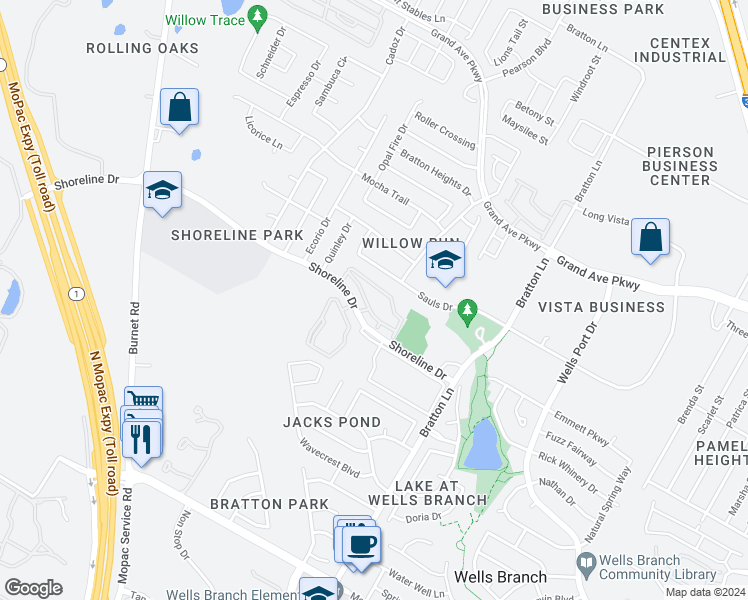 map of restaurants, bars, coffee shops, grocery stores, and more near 3400 Shoreline Drive in Austin