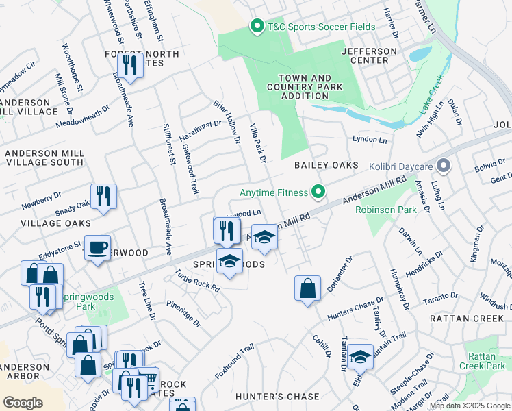 map of restaurants, bars, coffee shops, grocery stores, and more near 8704 Cainwood Lane in Austin