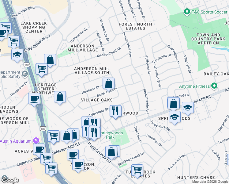map of restaurants, bars, coffee shops, grocery stores, and more near 9409 Shady Oaks Drive in Austin