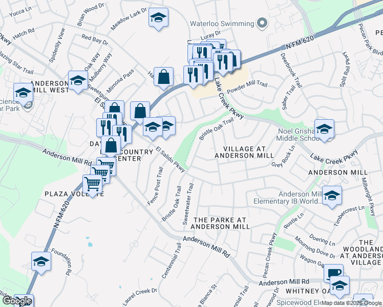 map of restaurants, bars, coffee shops, grocery stores, and more near 11428 Bristle Oak Trail in Austin