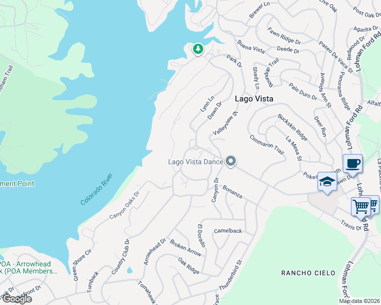map of restaurants, bars, coffee shops, grocery stores, and more near 5804 Circulo Drive in Lago Vista