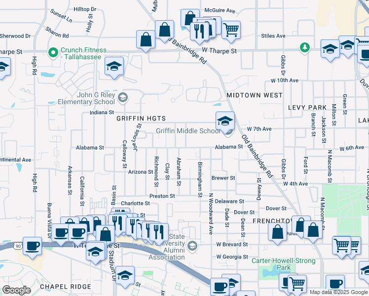 map of restaurants, bars, coffee shops, grocery stores, and more near 1029 Alabama Street in Tallahassee