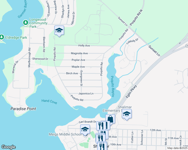 map of restaurants, bars, coffee shops, grocery stores, and more near 38 Birch Avenue in Shalimar