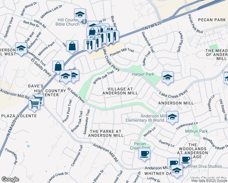 map of restaurants, bars, coffee shops, grocery stores, and more near 11213 Amethyst Trail in Austin