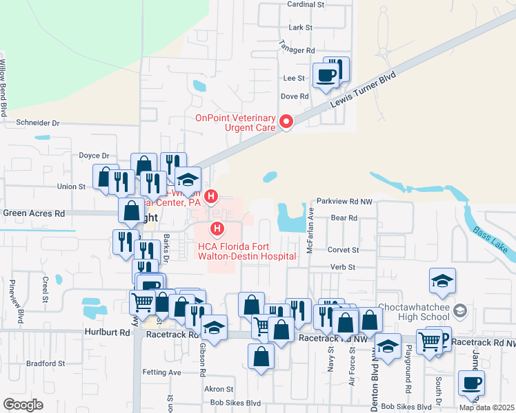 map of restaurants, bars, coffee shops, grocery stores, and more near 1001 Marwalt Drive in Fort Walton Beach