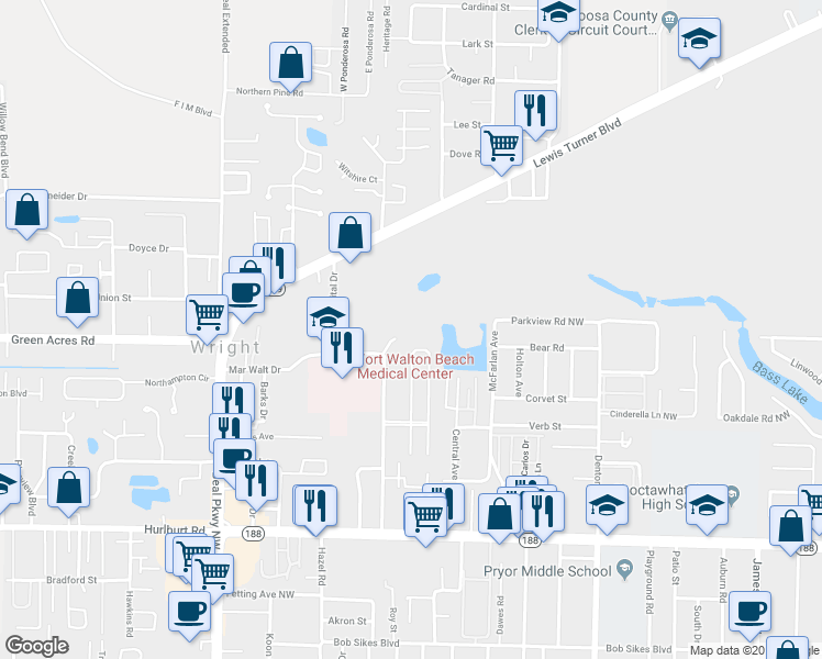 map of restaurants, bars, coffee shops, grocery stores, and more near 1001 Marwalt Drive in Fort Walton Beach