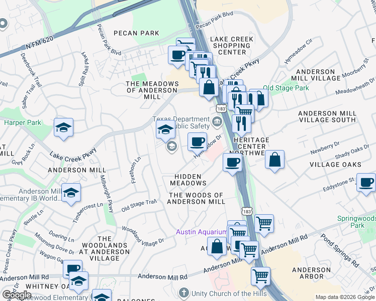 map of restaurants, bars, coffee shops, grocery stores, and more near 12403 Mellow Meadow Drive in Austin