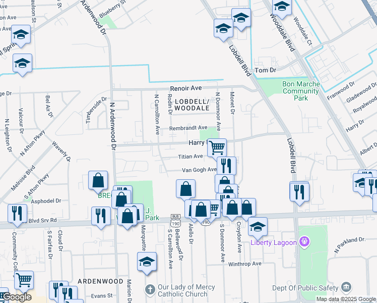 map of restaurants, bars, coffee shops, grocery stores, and more near 6870 Titian Avenue in Baton Rouge