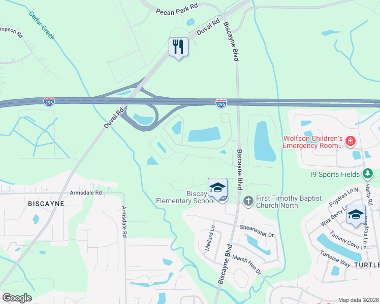 map of restaurants, bars, coffee shops, grocery stores, and more near 1575 Biscayne Bay Drive in Jacksonville
