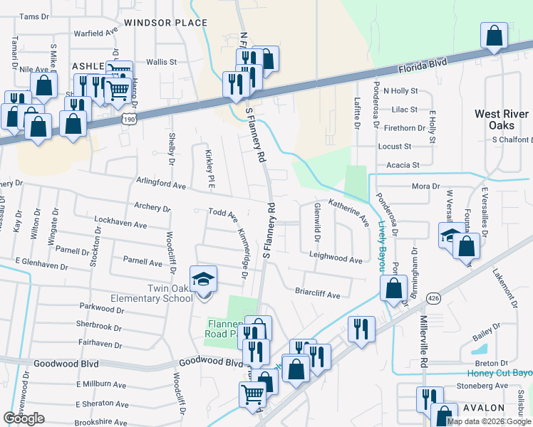 map of restaurants, bars, coffee shops, grocery stores, and more near 544 South Flannery Road in Baton Rouge