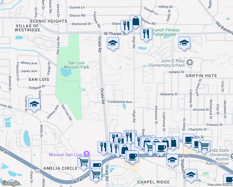 map of restaurants, bars, coffee shops, grocery stores, and more near 2020 Continental Avenue in Tallahassee