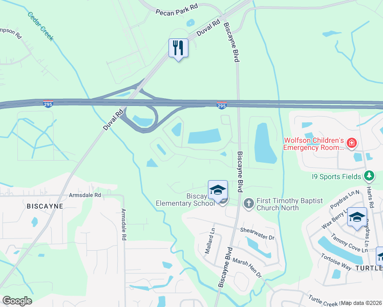 map of restaurants, bars, coffee shops, grocery stores, and more near 1574 Biscayne Bay Drive in Jacksonville