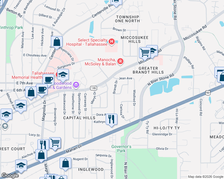 map of restaurants, bars, coffee shops, grocery stores, and more near 1207 Buckingham Drive in Tallahassee