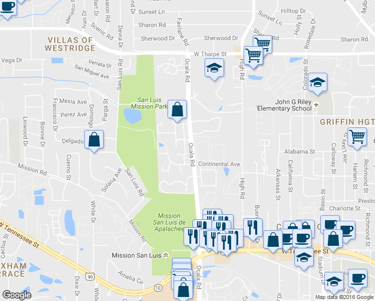 map of restaurants, bars, coffee shops, grocery stores, and more near 1254 Ocala Road in Tallahassee