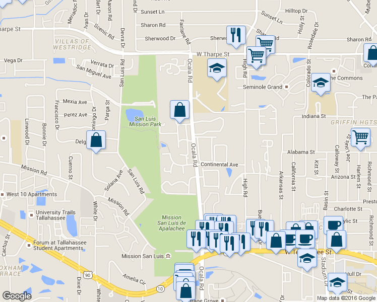 map of restaurants, bars, coffee shops, grocery stores, and more near 1254 Ocala Road in Tallahassee