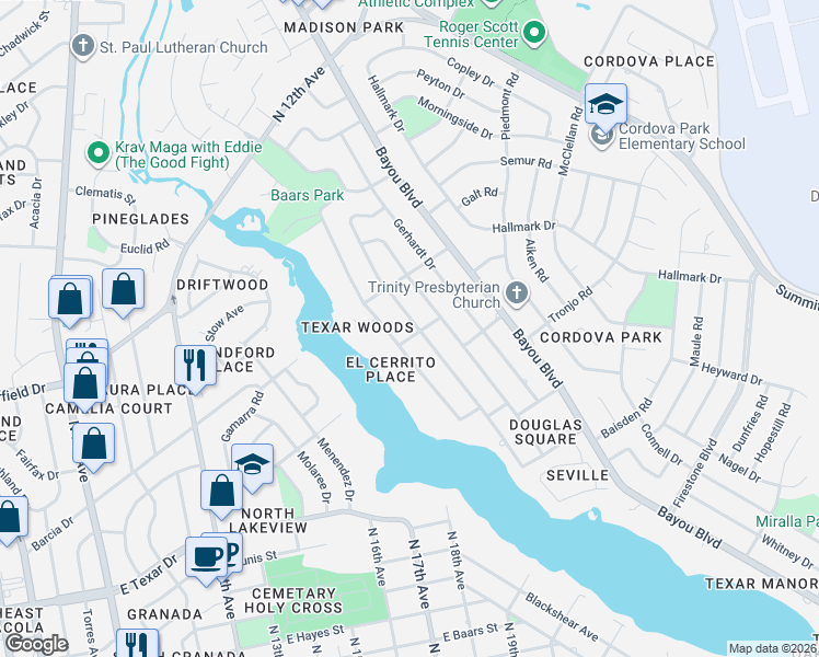 map of restaurants, bars, coffee shops, grocery stores, and more near 590 Tanglewood Drive in Pensacola