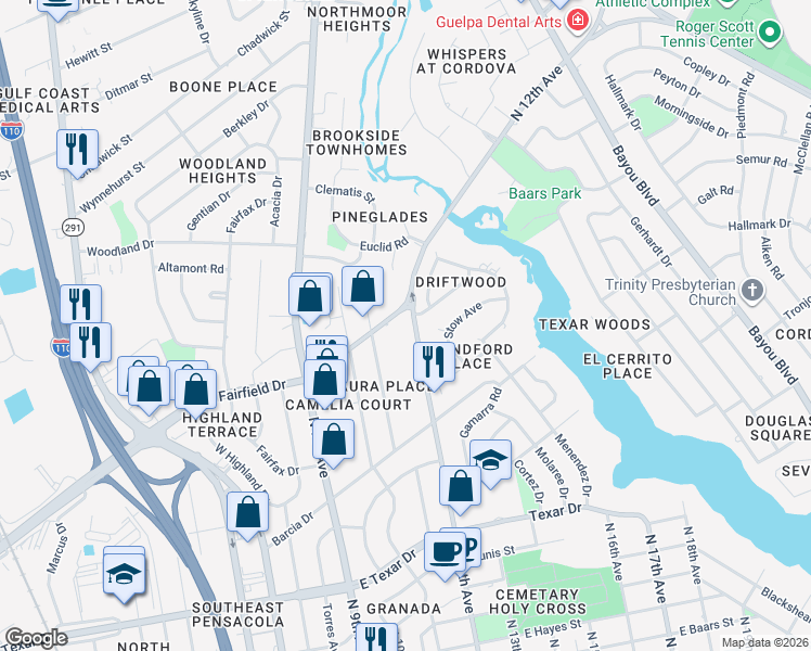 map of restaurants, bars, coffee shops, grocery stores, and more near in Pensacola