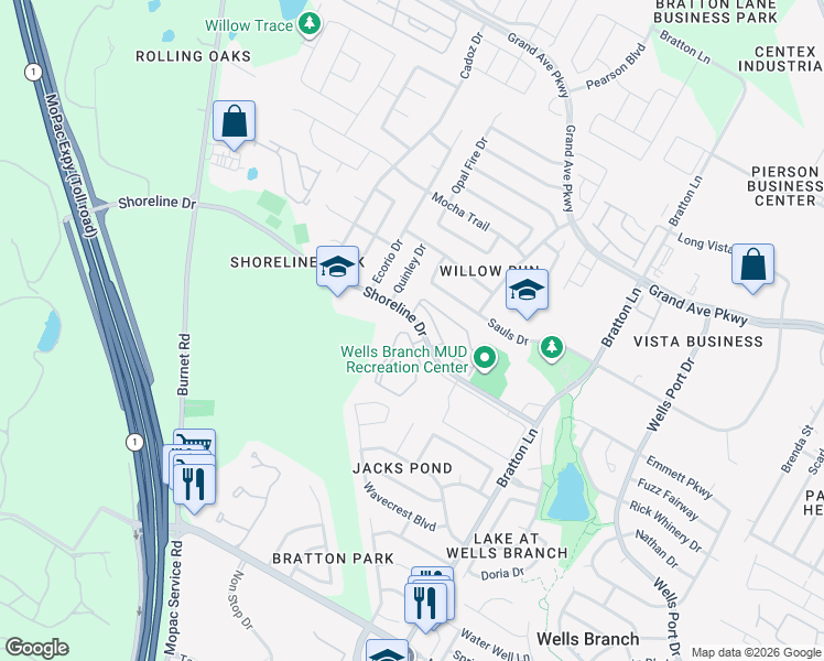 map of restaurants, bars, coffee shops, grocery stores, and more near 3501 Shoreline Drive in Austin