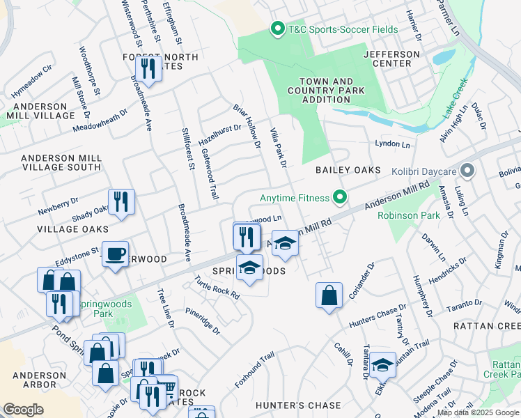 map of restaurants, bars, coffee shops, grocery stores, and more near 8704 Cainwood Lane in Austin