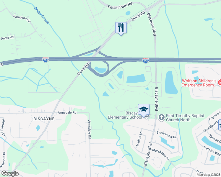map of restaurants, bars, coffee shops, grocery stores, and more near 1828 Biscayne Bay Circle in Jacksonville