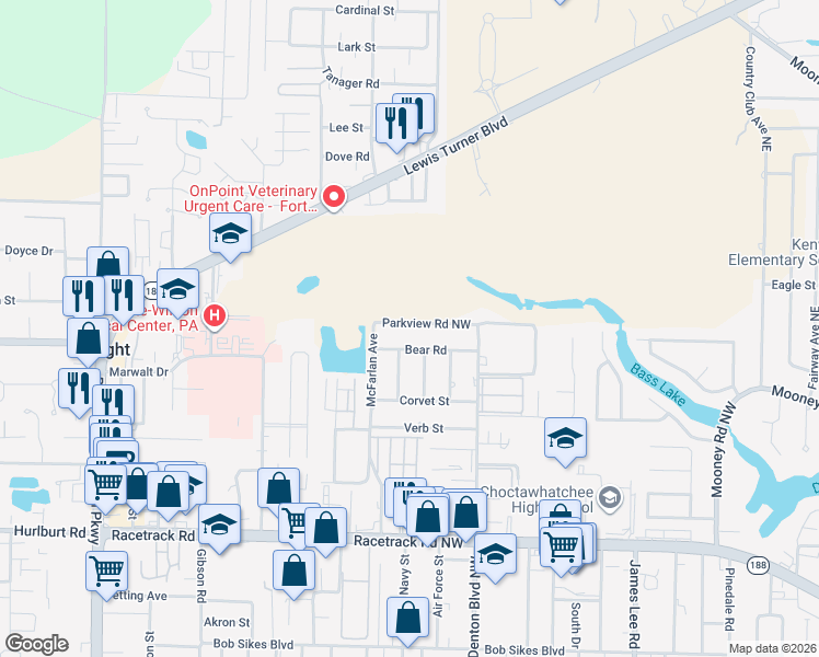 map of restaurants, bars, coffee shops, grocery stores, and more near 408 Bear Road in Fort Walton Beach