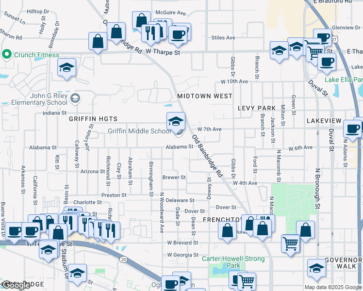 map of restaurants, bars, coffee shops, grocery stores, and more near 800 Alabama Street in Tallahassee