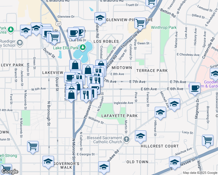 map of restaurants, bars, coffee shops, grocery stores, and more near 407 East 6th Avenue in Tallahassee