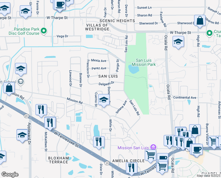 map of restaurants, bars, coffee shops, grocery stores, and more near 1112 Domingo Drive in Tallahassee