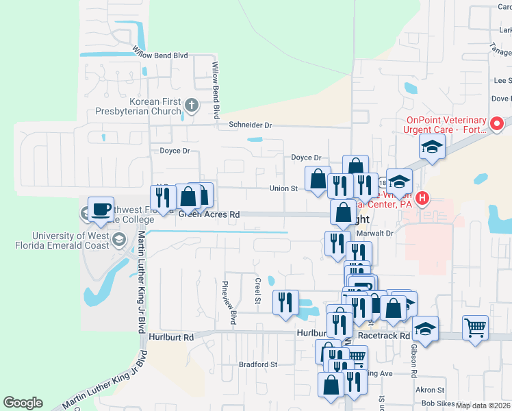map of restaurants, bars, coffee shops, grocery stores, and more near 320 Green Acres Road in Fort Walton Beach