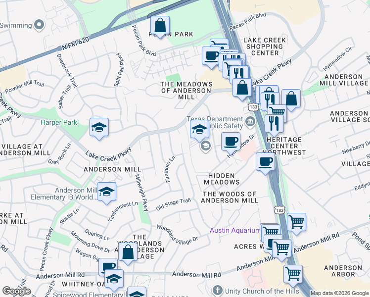 map of restaurants, bars, coffee shops, grocery stores, and more near 12303 Old Stage Cove in Austin
