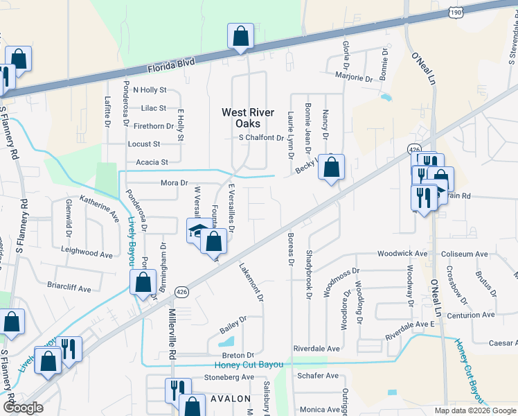 map of restaurants, bars, coffee shops, grocery stores, and more near 15091 Cranbrook Court in Baton Rouge