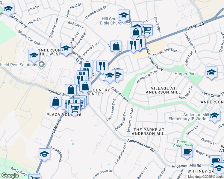 map of restaurants, bars, coffee shops, grocery stores, and more near 11711 Birchbark Trail in Austin