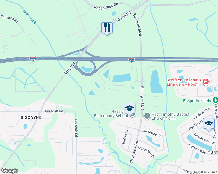 map of restaurants, bars, coffee shops, grocery stores, and more near 1574 Biscayne Bay Drive in Jacksonville